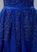 Blue Lace V-neck A-line Prom Dress With Beaded Lace Appliques & Belt