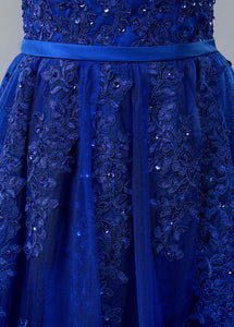 Blue Lace V-neck A-line Prom Dress With Beaded Lace Appliques & Belt
