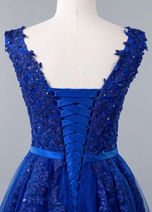 Blue Lace V-neck A-line Prom Dress With Beaded Lace Appliques & Belt