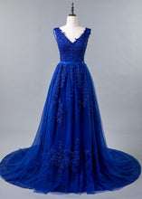 Blue Lace V-neck A-line Prom Dress With Beaded Lace Appliques & Belt