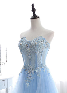 Strapless Tulle Sweetheart A-line Prom Dresses With Lace Appliques & Beadings