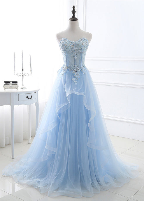 Strapless Tulle Sweetheart A-line Prom Dresses With Lace Appliques & Beadings