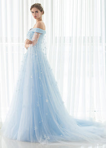 Trumpet/Mermaid Tulle Off-the-shoulder Prom Dress With Beadings & Appliques Lace