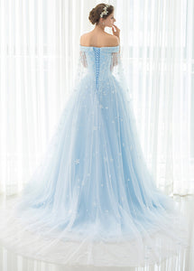 Trumpet/Mermaid Tulle Off-the-shoulder Prom Dress With Beadings & Appliques Lace