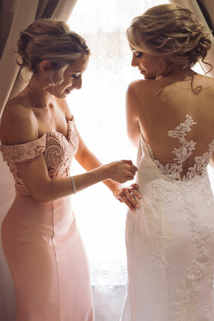 Pearl Pink Off-the-Shoulder Stretch Satin Trumpet Bridesmaid Dress with Lace Insets