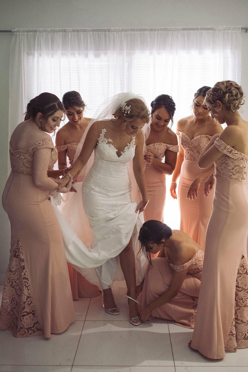 Off-the-Shoulder Stretch Satin Trumpet Bridesmaid Dress with Lace Insets