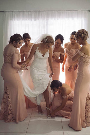 Pearl Pink Off-the-Shoulder Stretch Satin Trumpet Bridesmaid Dress with Lace Insets