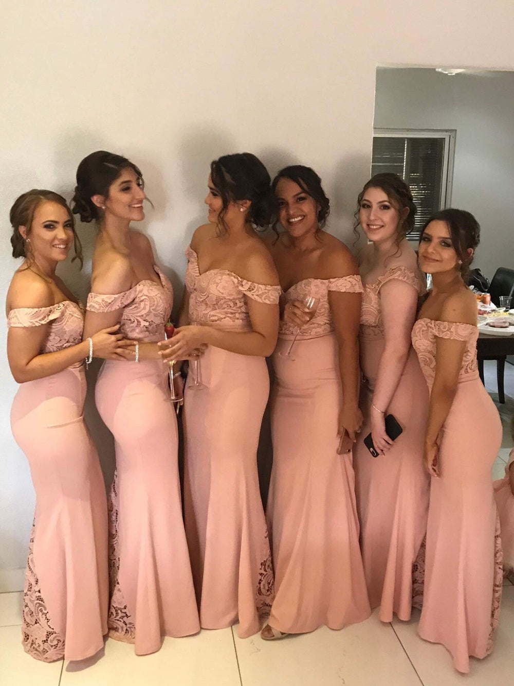 Off-the-Shoulder Stretch Satin Trumpet Bridesmaid Dress with Lace Insets