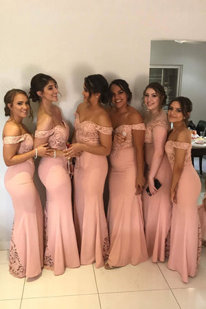 Pearl Pink Off-the-Shoulder Stretch Satin Trumpet Bridesmaid Dress with Lace Insets