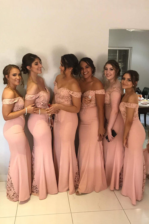 Pearl Pink Off-the-Shoulder Stretch Satin Trumpet Bridesmaid Dress with Lace Insets