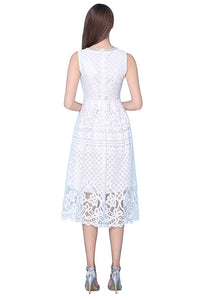 White Lace Sleeveless Tea Length Prom Dresses