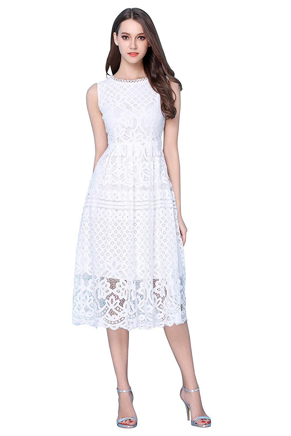 White Lace Sleeveless Tea Length Prom Dresses