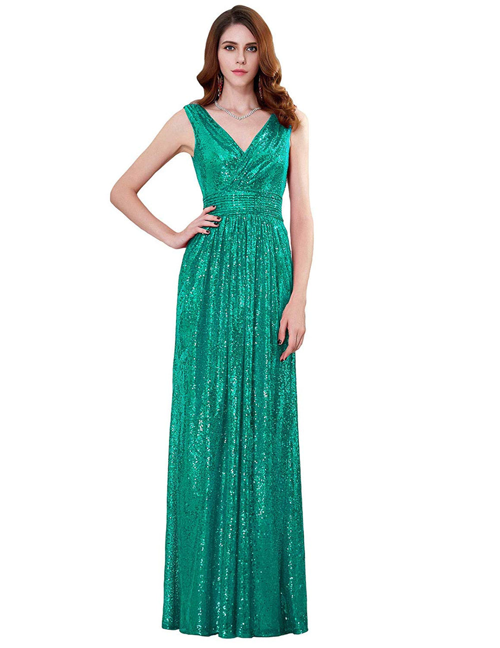 Ruched Surplice Sequin A-Line Evening Dress