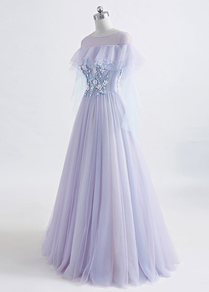A-Line/Princess Tulle Jewel Floor-length Prom Dress With Beaded Lace Appliques Secondary image