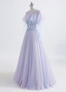 A-Line/Princess Tulle Jewel Floor-length Prom Dress With Beaded Lace Appliques