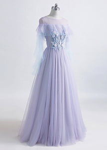 A-Line/Princess Tulle Jewel Floor-length Prom Dress With Beaded Lace Appliques