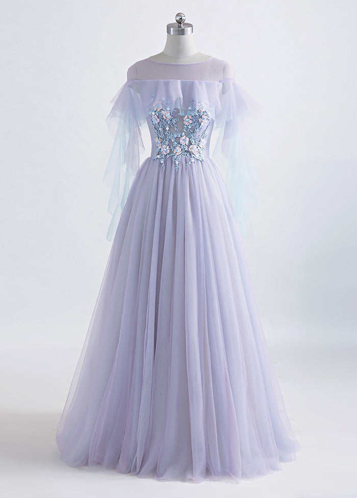 A-Line/Princess Tulle Jewel Floor-length Prom Dress With Beaded Lace Appliques Main image
