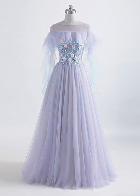 A-Line/Princess Tulle Jewel Floor-length Prom Dress With Beaded Lace Appliques