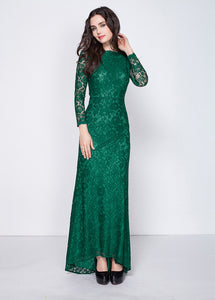 A-Line/Princess Green Floor-Length Lace Long Sleeves Evening Dresses