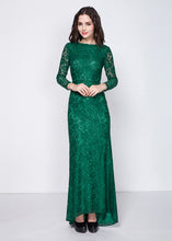 A-Line/Princess Green Floor-Length Lace Long Sleeves Evening Dresses