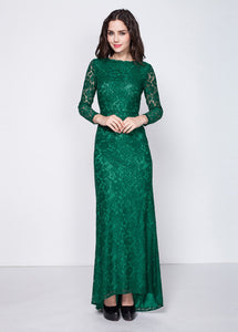 A-Line/Princess Green Floor-Length Lace Long Sleeves Evening Dresses