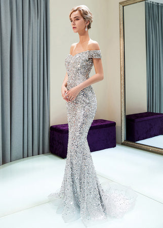 Trumpet/Mermaid Off-the-Shoulder Sequined Floor-Length Prom Dresses