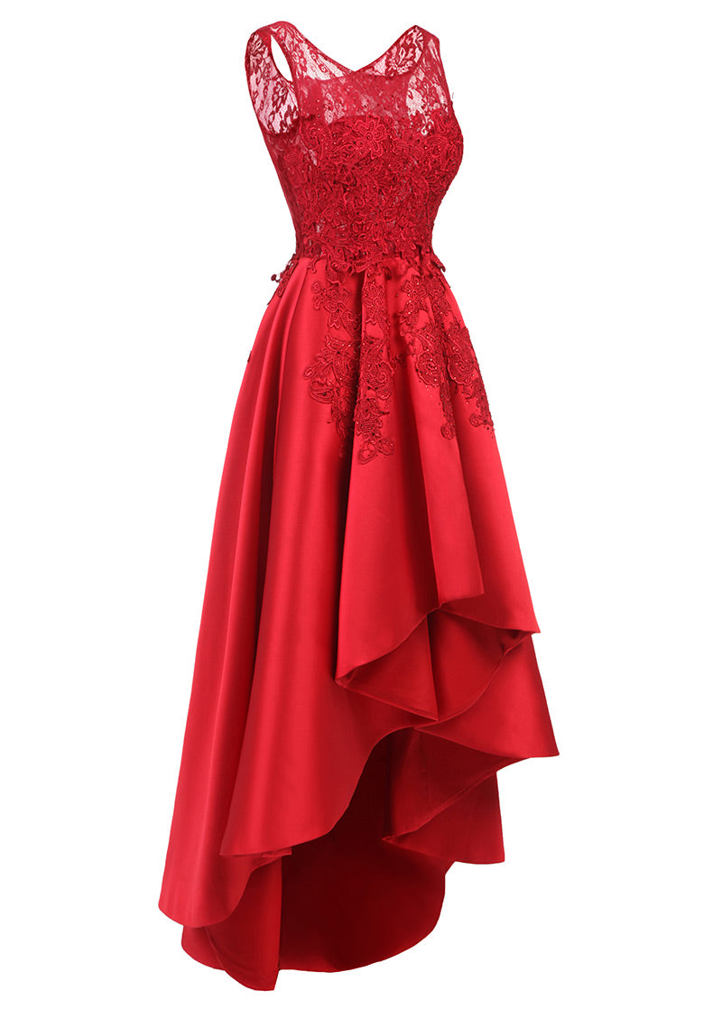 Tiered Lace and Satin High-Low Evening Dress