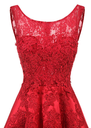 Ruby Red Tiered Lace and Satin High-Low Evening Dress