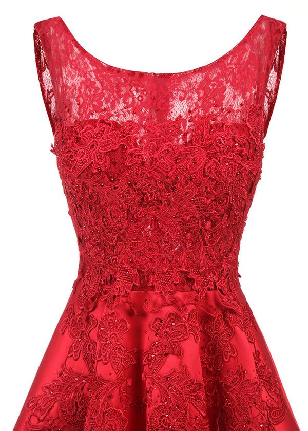 Ruby Red Tiered Lace and Satin High-Low Evening Dress