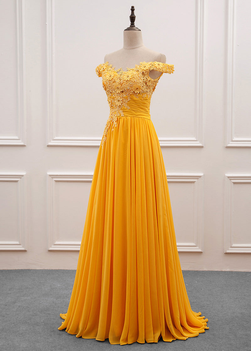 A-Line/Princess Chiffon Floor-Length Off-the-Shoulder Long Prom Dresses with Appliques Lace