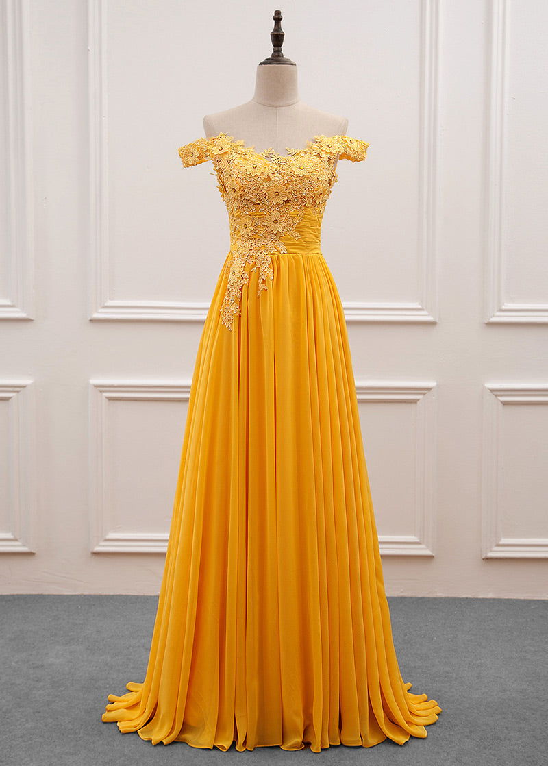 A-Line/Princess Chiffon Floor-Length Off-the-Shoulder Long Prom Dresses with Appliques Lace
