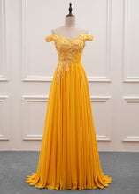 A-Line/Princess Chiffon Floor-Length Off-the-Shoulder Long Prom Dresses with Appliques Lace