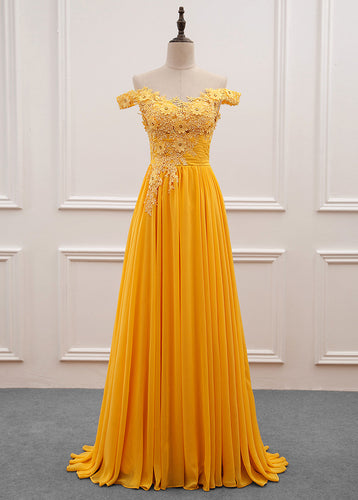 A-Line/Princess Chiffon Floor-Length Off-the-Shoulder Long Prom Dresses with Appliques Lace