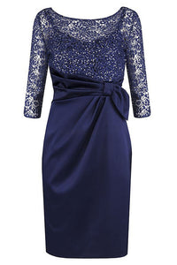 Dark Navy  3/4 Sleeves Short Mother of The Bride Dress with Lace Beading