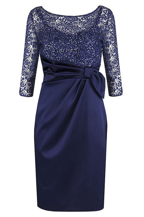 Dark Navy  3/4 Sleeves Short Mother of The Bride Dress with Lace Beading