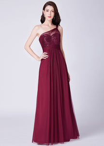 Tulle One-Shoulder Sleeveless Floor-Length Bridesmaids Dresses Sequined