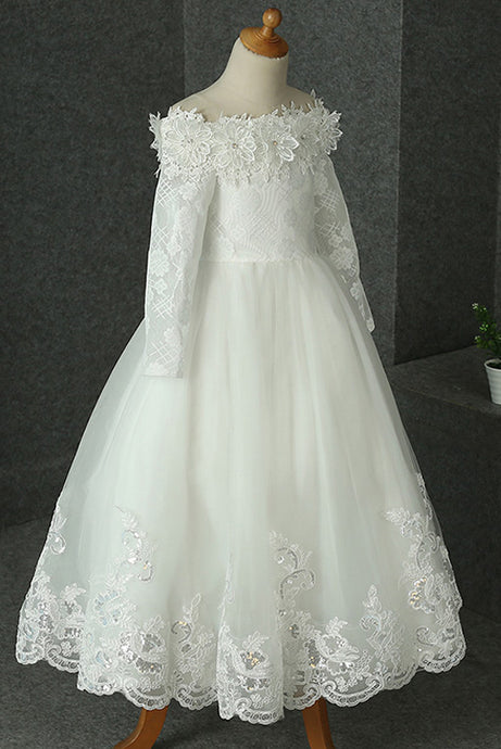 Long Sleeves Off-the-Shoulder Lace Flower Girl Dresses