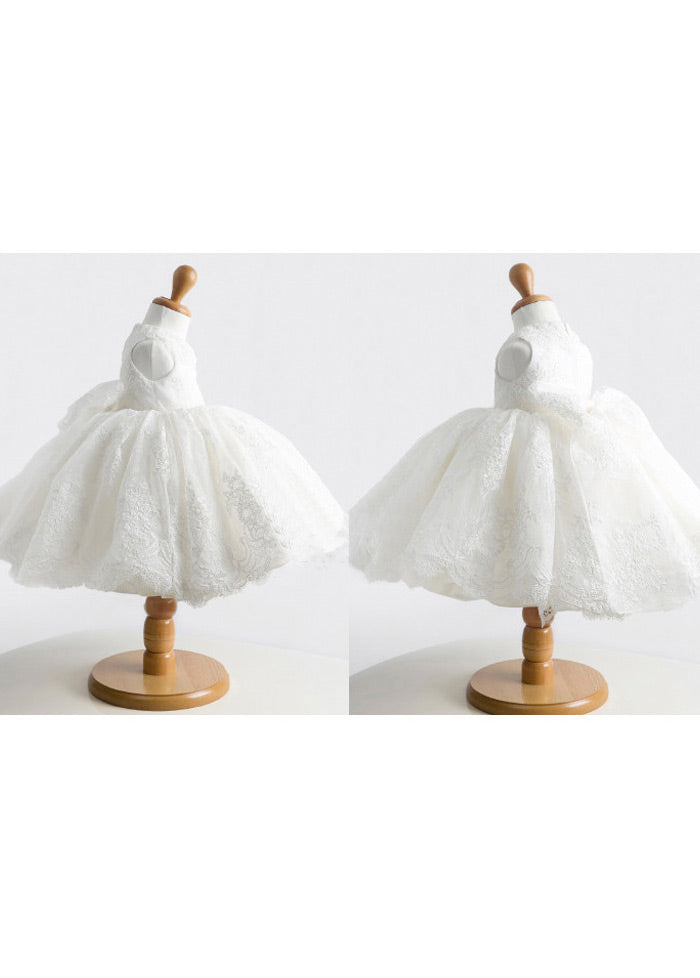 Short Lace Scoop Neck Bow(s) Flower Girl Dresses