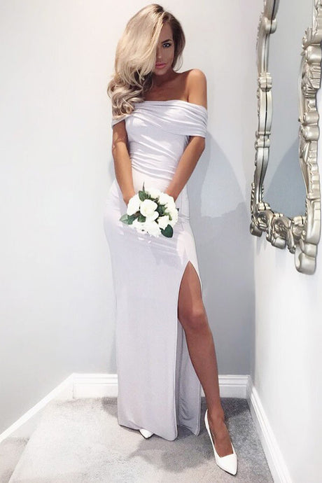 White Off-the-Shoulder Floor-Length Long Bridesmaids Dresses