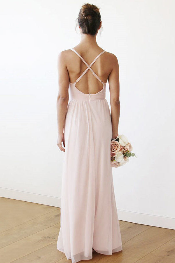 Crisscross-Back Plunging Tulle A-Line Bridesmaid Dress