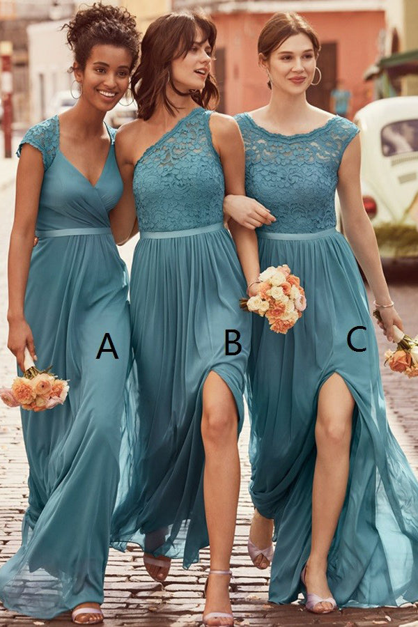 Lace-Trimmed Chiffon A-Line Bridesmaid Dress with Slit