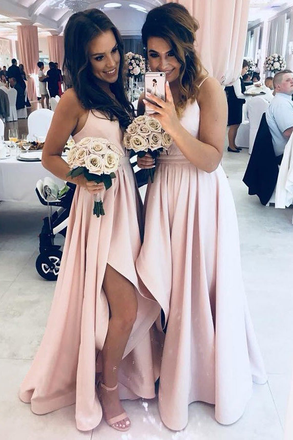 Plunging High-Low Stretch Satin A-Line Bridesmaid Dress