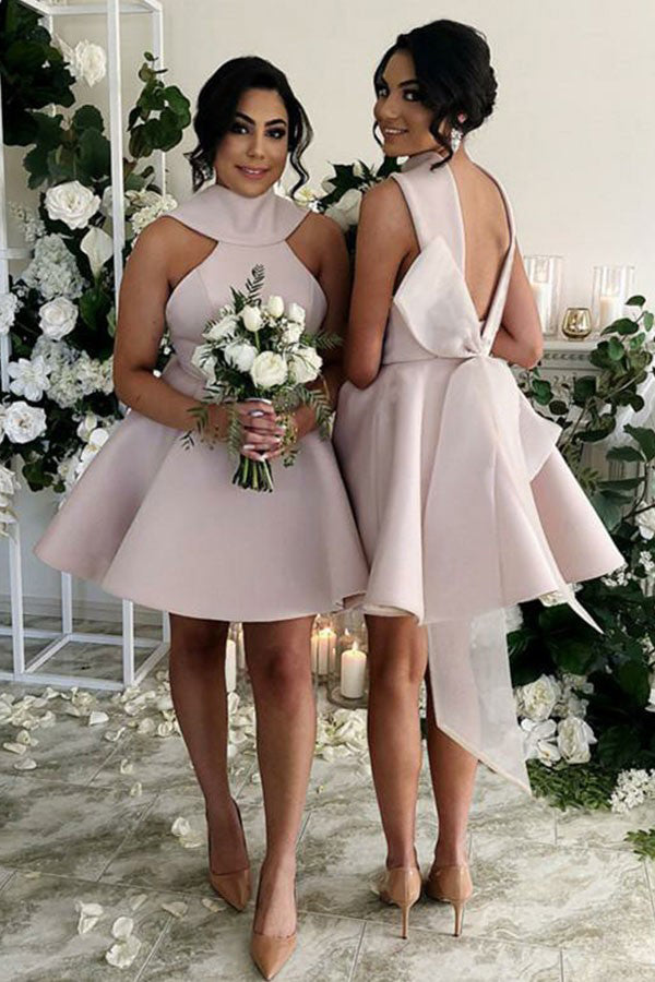 Short Satin Open Back Bridesmaids Dresses with Bow(s)