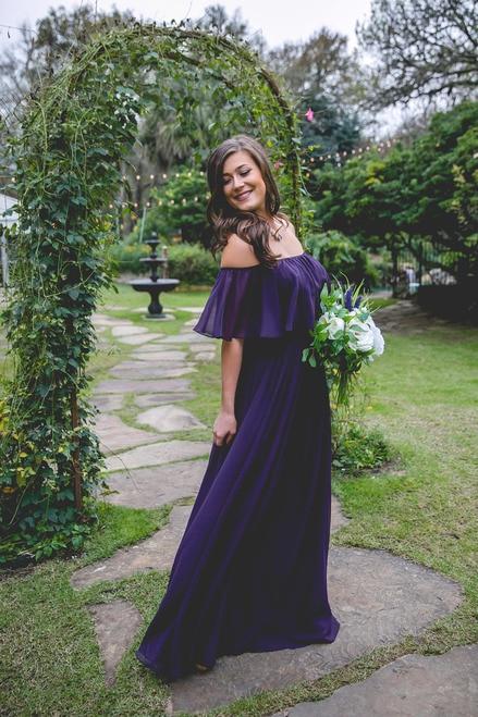 Off-the-Shoulder Chiffon Column Bridesmaid Dress with Ruffle