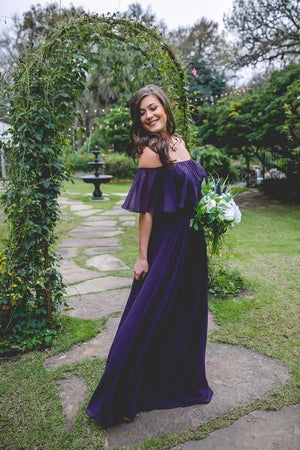Off-the-Shoulder Chiffon Column Bridesmaid Dress with Ruffle