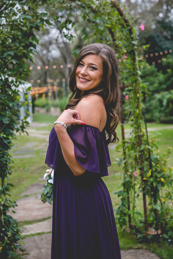 Off-the-Shoulder Chiffon Column Bridesmaid Dress with Ruffle