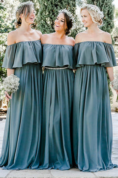 Off-the-Shoulder Chiffon Column Bridesmaid Dress with Ruffle