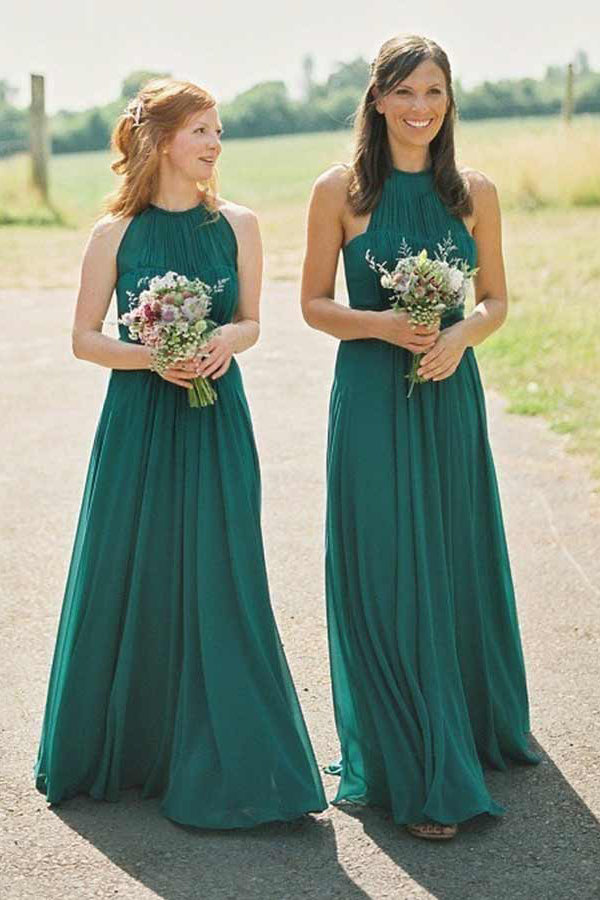Gathered Round-Neck Chiffon A-Line Bridesmaid Dress