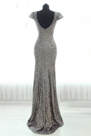 Silver Sequin Mermaid Evening Dress with Low Back