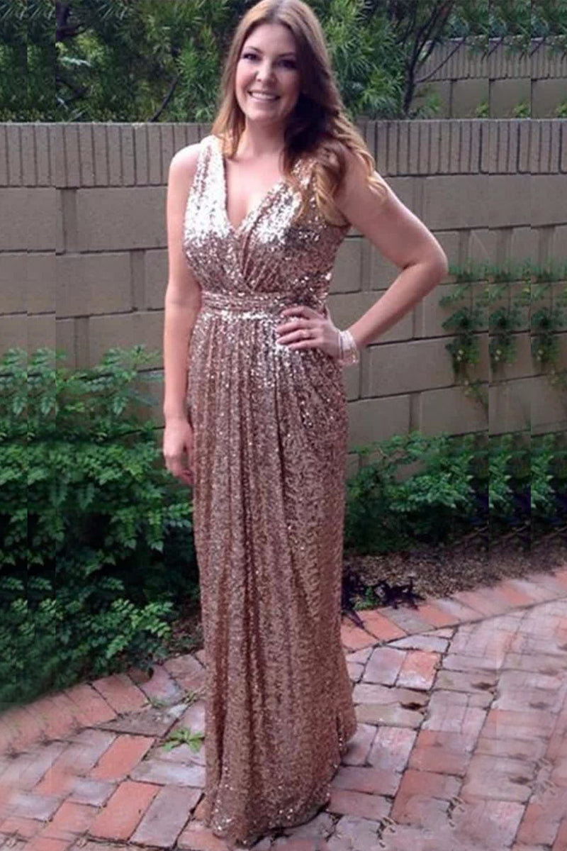 Gathered V-Neck Sequin A-Line Evening Dress